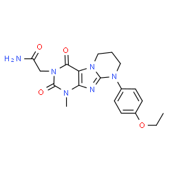 ChemSpider 2D Image | 2-[9-(4-Ethoxyphenyl)-1-methyl-2,4-dioxo-1,4,6,7,8,9-hexahydropyrimido[2,1-f]purin-3(2H)-yl]acetamide | C19H22N6O4