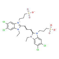 ChemSpider 2D Image | 3-(5,6-Dichloro-2-{3-[5,6-dichloro-1-ethyl-3-(3-sulfonatopropyl)-1H-3,1-benzimidazol-3-ium-2-yl]-2-propen-1-ylidene}-3-ethyl-2,3-dihydro-1H-benzimidazol-1-yl)-1-propanesulfonate | C27H29Cl4N4O6S2