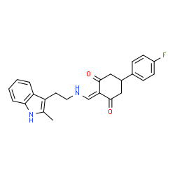 ChemSpider 2D Image | 5-(4-Fluorophenyl)-2-({[2-(2-methyl-1H-indol-3-yl)ethyl]amino}methylene)-1,3-cyclohexanedione | C24H23FN2O2