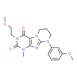 ChemSpider 2D Image | 3-(2-Methoxyethyl)-9-(3-methoxyphenyl)-1-methyl-6,7,8,9-tetrahydropyrimido[2,1-f]purine-2,4(1H,3H)-dione | C19H23N5O4