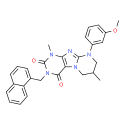 ChemSpider 2D Image | 9-(3-Methoxyphenyl)-1,7-dimethyl-3-(1-naphthylmethyl)-6,7,8,9-tetrahydropyrimido[2,1-f]purine-2,4(1H,3H)-dione | C28H27N5O3