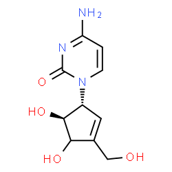 ChemSpider 2D Image | 4-Amino-1-[(1R,5S)-4,5-dihydroxy-3-(hydroxymethyl)-2-cyclopenten-1-yl]-2(1H)-pyrimidinone | C10H13N3O4
