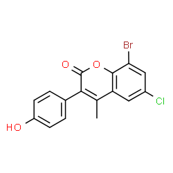 ChemSpider 2D Image | 8-Bromo-6-chloro-3-(4-hydroxyphenyl)-4-methyl-2H-chromen-2-one | C16H10BrClO3