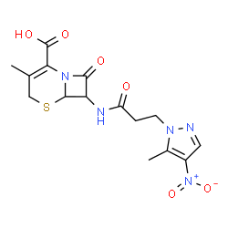 ChemSpider 2D Image | 3-Methyl-7-{[3-(5-methyl-4-nitro-1H-pyrazol-1-yl)propanoyl]amino}-8-oxo-5-thia-1-azabicyclo[4.2.0]oct-2-ene-2-carboxylic acid | C15H17N5O6S