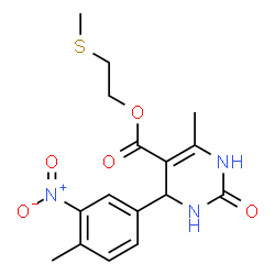 ChemSpider 2D Image | 2-(Methylsulfanyl)ethyl 6-methyl-4-(4-methyl-3-nitrophenyl)-2-oxo-1,2,3,4-tetrahydro-5-pyrimidinecarboxylate | C16H19N3O5S