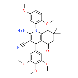 ChemSpider 2D Image | 2-Amino-1-(2,5-dimethoxyphenyl)-7,7-dimethyl-5-oxo-4-(3,4,5-trimethoxyphenyl)-1,4,5,6,7,8-hexahydro-3-quinolinecarbonitrile | C29H33N3O6