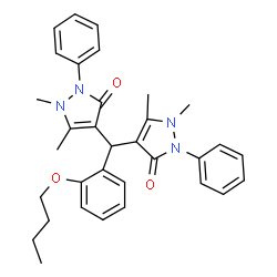 ChemSpider 2D Image | 4,4'-[(2-Butoxyphenyl)methylene]bis(1,5-dimethyl-2-phenyl-1,2-dihydro-3H-pyrazol-3-one) | C33H36N4O3