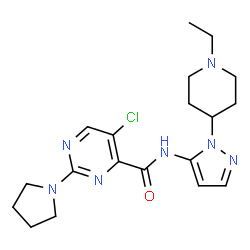ChemSpider 2D Image | 5-Chloro-N-[1-(1-ethyl-4-piperidinyl)-1H-pyrazol-5-yl]-2-(1-pyrrolidinyl)-4-pyrimidinecarboxamide | C19H26ClN7O