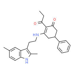 ChemSpider 2D Image | 3-{[2-(2,5-Dimethyl-1H-indol-3-yl)ethyl]amino}-5-phenyl-2-propionyl-2-cyclohexen-1-one | C27H30N2O2