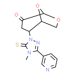 ChemSpider 2D Image | 2-[4-Methyl-3-(3-pyridinyl)-5-thioxo-4,5-dihydro-1H-1,2,4-triazol-1-yl]-6,8-dioxabicyclo[3.2.1]octan-4-one | C14H14N4O3S