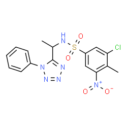 ChemSpider 2D Image | 3-Chloro-4-methyl-5-nitro-N-[1-(1-phenyl-1H-tetrazol-5-yl)ethyl]benzenesulfonamide | C16H15ClN6O4S