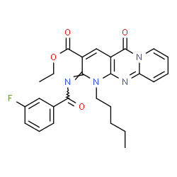 ChemSpider 2D Image | Ethyl (2Z)-2-[(3-fluorobenzoyl)imino]-5-oxo-1-pentyl-1,5-dihydro-2H-dipyrido[1,2-a:2',3'-d]pyrimidine-3-carboxylate | C26H25FN4O4