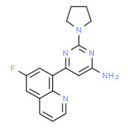 ChemSpider 2D Image | 6-(6-Fluoro-8-quinolinyl)-2-(1-pyrrolidinyl)-4-pyrimidinamine | C17H16FN5