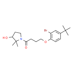 ChemSpider 2D Image | 4-[2-Bromo-4-(2-methyl-2-propanyl)phenoxy]-1-(3-hydroxy-2,2-dimethyl-1-pyrrolidinyl)-1-butanone | C20H30BrNO3