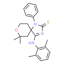 ChemSpider 2D Image | 4-[(2,6-Dimethylphenyl)amino]-7,7-dimethyl-1-phenyl-8-oxa-1,3-diazaspiro[4.5]dec-3-ene-2-thione | C23H27N3OS