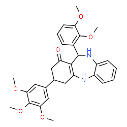 ChemSpider 2D Image | 11-(2,3-Dimethoxyphenyl)-3-(3,4,5-trimethoxyphenyl)-2,3,4,5,10,11-hexahydro-1H-dibenzo[b,e][1,4]diazepin-1-one | C30H32N2O6