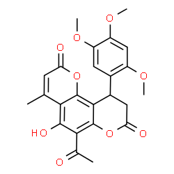 ChemSpider 2D Image | 6-Acetyl-5-hydroxy-4-methyl-10-(2,4,5-trimethoxyphenyl)-9,10-dihydro-2H,8H-pyrano[2,3-f]chromene-2,8-dione | C24H22O9