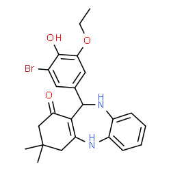 ChemSpider 2D Image | 11-(3-Bromo-5-ethoxy-4-hydroxyphenyl)-3,3-dimethyl-2,3,4,5,10,11-hexahydro-1H-dibenzo[b,e][1,4]diazepin-1-one | C23H25BrN2O3