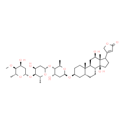 ChemSpider 2D Image | (3beta,5beta,12beta,17xi)-3-{[2,6-Dideoxy-4-O-methyl-beta-D-ribo-hexopyranosyl-(1->4)-2,6-dideoxy-beta-D-ribo-hexopyranosyl-(1->4)-2,6-dideoxy-beta-D-ribo-hexopyranosyl]oxy}-12,14-dihydroxycard-20(22)
-enolide | C42H66O14