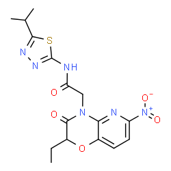 ChemSpider 2D Image | 2-(2-Ethyl-6-nitro-3-oxo-2,3-dihydro-4H-pyrido[3,2-b][1,4]oxazin-4-yl)-N-(5-isopropyl-1,3,4-thiadiazol-2-yl)acetamide | C16H18N6O5S