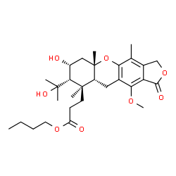 ChemSpider 2D Image | Butyl 3-[(5aS,7R,8S,9R,9aR)-7-hydroxy-8-(2-hydroxy-2-propanyl)-11-methoxy-4,5a,9-trimethyl-1-oxo-3,5a,6,7,8,9,9a,10-octahydro-1H-furo[3,4-b]xanthen-9-yl]propanoate | C29H42O8