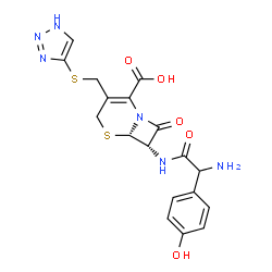 ChemSpider 2D Image | (6S,7S)-7-{[Amino(4-hydroxyphenyl)acetyl]amino}-8-oxo-3-[(1H-1,2,3-triazol-4-ylsulfanyl)methyl]-5-thia-1-azabicyclo[4.2.0]oct-2-ene-2-carboxylic acid | C18H18N6O5S2