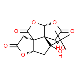 ChemSpider 2D Image | (3aS,5aR,8R,8aS,9S,10aS)-8,9-Dihydroxy-9-(2-methyl-2-propanyl)dihydro-9H-furo[2,3-b]furo[3',2':2,3]cyclopenta[1,2-c]furan-2,4,7(3H,8H)-trione | C15H18O8