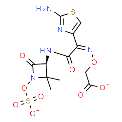 ChemSpider 2D Image | ({(Z)-[1-(2-Amino-1,3-thiazol-4-yl)-2-{[(3S)-2,2-dimethyl-4-oxo-1-(sulfonatooxy)-3-azetidinyl]amino}-2-oxoethylidene]amino}oxy)acetate | C12H13N5O9S2