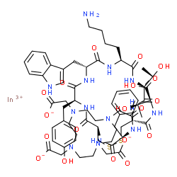 ChemSpider 2D Image | Indium 2,2',2''-[10-(2-{[(2R)-1-{[(4R,7S,10S,13R,16S,19R)-10-(4-aminobutyl)-4-{[(1S,2R)-1-carboxy-2-hydroxypropyl]carbamoyl}-16-(4-hydroxybenzyl)-7-[(1R)-1-hydroxyethyl]-13-(1H-indol-3-ylmethyl)-6,9,1
2,15,18-pentaoxo-1,2-dithia-5,8,11,14,17-pentaazacycloicosan-19-yl]amino}-1-oxo-3-phenyl-2-propanyl]amino}-2-oxoethyl)-1,4,7,10-tetraazacyclododecane-1,4,7-triyl]triacetate | C65H87InN14O19S2