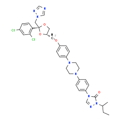 ChemSpider 2D Image | 2-sec-Butyl-4-{4-[4-(4-{[(2S,4S)-2-(2,4-dichlorophenyl)-2-(1H-1,2,4-triazol-1-ylmethyl)-1,3-dioxolan-4-yl]methoxy}phenyl)-1-piperazinyl]phenyl}-2,4-dihydro-3H-1,2,4-triazol-3-one | C35H38Cl2N8O4