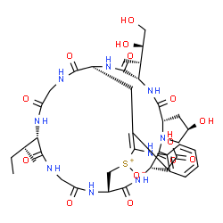 ChemSpider 2D Image | (1S,4S,8R,10S,13S,16S,34S)-34-[(2S)-2-Butanyl]-4-(carboxymethyl)-13-[(2R,3R)-3,4-dihydroxy-2-butanyl]-8-hydroxy-2,5,11,14,30,33,36,39-octaoxo-27-thionia-3,6,12,15,25,29,32,35,38-nonaazapentacyclo[14.1
2.11.0~6,10~.0~18,26~.0~19,24~]nonatriaconta-18(26),19,21,23-tetraen-27-olate | C39H53N9O14S