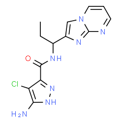 ChemSpider 2D Image | 5-Amino-4-chloro-N-[1-(imidazo[1,2-a]pyrimidin-2-yl)propyl]-1H-pyrazole-3-carboxamide | C13H14ClN7O