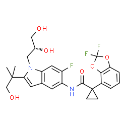 ChemSpider 2D Image | 1-(2,2-Difluoro-1,3-benzodioxol-4-yl)-N-{1-[(2R)-2,3-dihydroxypropyl]-6-fluoro-2-(1-hydroxy-2-methyl-2-propanyl)-1H-indol-5-yl}cyclopropanecarboxamide | C26H27F3N2O6