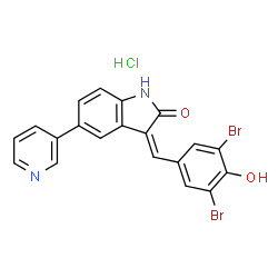 ChemSpider 2D Image | (3Z)-3-(3,5-Dibromo-4-hydroxybenzylidene)-5-(3-pyridinyl)-1,3-dihydro-2H-indol-2-one hydrochloride (1:1) | C20H13Br2ClN2O2
