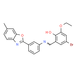 ChemSpider 2D Image | 4-Bromo-2-ethoxy-6-({[3-(6-methyl-1,3-benzoxazol-2-yl)phenyl]imino}methyl)phenol | C23H19BrN2O3