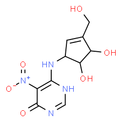 ChemSpider 2D Image | 6-{[4,5-Dihydroxy-3-(hydroxymethyl)-2-cyclopenten-1-yl]amino}-5-nitro-4(1H)-pyrimidinone | C10H12N4O6