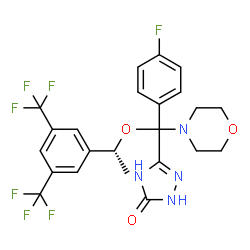 ChemSpider 2D Image | 5-[{(1R)-1-[3,5-Bis(trifluoromethyl)phenyl]ethoxy}(4-fluorophenyl)4-morpholinylmethyl]-1,2-dihydro-3H-1,2,4-triazol-3-one | C23H21F7N4O3