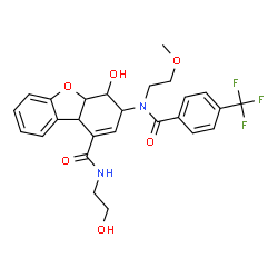 ChemSpider 2D Image | 4-Hydroxy-N-(2-hydroxyethyl)-3-{(2-methoxyethyl)[4-(trifluoromethyl)benzoyl]amino}-3,4,4a,9b-tetrahydrodibenzo[b,d]furan-1-carboxamide | C26H27F3N2O6