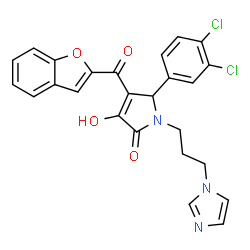 ChemSpider 2D Image | 4-(1-Benzofuran-2-ylcarbonyl)-5-(3,4-dichlorophenyl)-3-hydroxy-1-[3-(1H-imidazol-1-yl)propyl]-1,5-dihydro-2H-pyrrol-2-one | C25H19Cl2N3O4