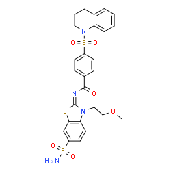 ChemSpider 2D Image | 4-(3,4-Dihydro-1(2H)-quinolinylsulfonyl)-N-[(2E)-3-(2-methoxyethyl)-6-sulfamoyl-1,3-benzothiazol-2(3H)-ylidene]benzamide | C26H26N4O6S3
