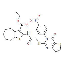 ChemSpider 2D Image | Ethyl 2-[({[3-(4-nitrophenyl)-4-oxo-3,4,6,7-tetrahydrothieno[3,2-d]pyrimidin-2-yl]sulfanyl}acetyl)amino]-5,6,7,8-tetrahydro-4H-cyclohepta[b]thiophene-3-carboxylate | C26H26N4O6S3