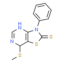 ChemSpider 2D Image | 7-(Methylsulfanyl)-3-phenyl-4,7-dihydro[1,3]thiazolo[4,5-d]pyrimidine-2(3H)-thione | C12H11N3S3