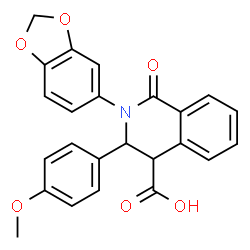 ChemSpider 2D Image | 2-(1,3-Benzodioxol-5-yl)-3-(4-methoxyphenyl)-1-oxo-1,2,3,4-tetrahydro-4-isoquinolinecarboxylic acid | C24H19NO6