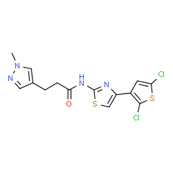 ChemSpider 2D Image | N-[4-(2,5-Dichloro-3-thienyl)-1,3-thiazol-2-yl]-3-(1-methyl-1H-pyrazol-4-yl)propanamide | C14H12Cl2N4OS2