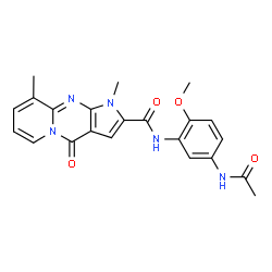 ChemSpider 2D Image | N-(5-Acetamido-2-methoxyphenyl)-1,9-dimethyl-4-oxo-1,4-dihydropyrido[1,2-a]pyrrolo[2,3-d]pyrimidine-2-carboxamide | C22H21N5O4