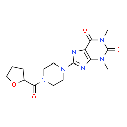 ChemSpider 2D Image | 1,3-Dimethyl-8-[4-(tetrahydro-2-furanylcarbonyl)-1-piperazinyl]-3,7-dihydro-1H-purine-2,6-dione | C16H22N6O4