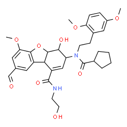 ChemSpider 2D Image | 3-{(Cyclopentylcarbonyl)[2-(2,5-dimethoxyphenyl)ethyl]amino}-8-formyl-4-hydroxy-N-(2-hydroxyethyl)-6-methoxy-3,4,4a,9b-tetrahydrodibenzo[b,d]furan-1-carboxamide | C33H40N2O9