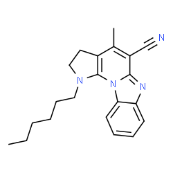 ChemSpider 2D Image | 1-Hexyl-4-methyl-2,3-dihydro-1H-pyrrolo[3',2':5,6]pyrido[1,2-a]benzimidazole-5-carbonitrile | C21H24N4