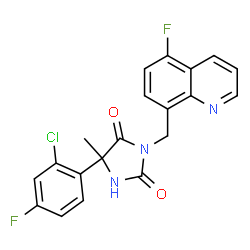 ChemSpider 2D Image | 5-(2-Chloro-4-fluorophenyl)-3-[(5-fluoro-8-quinolinyl)methyl]-5-methyl-2,4-imidazolidinedione | C20H14ClF2N3O2