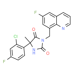 ChemSpider 2D Image | 5-(2-Chloro-4-fluorophenyl)-3-[(6-fluoro-8-quinolinyl)methyl]-5-methyl-2,4-imidazolidinedione | C20H14ClF2N3O2